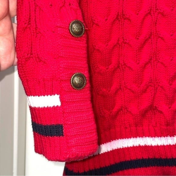 Vintage Twisted Cable Knit Sweater Long Cardigan Red Crest Rampant Lion Buttons - Picture 5 of 11